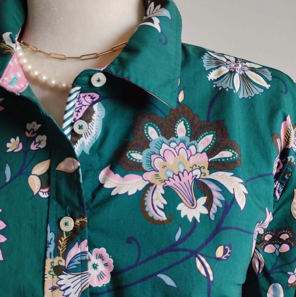 Talbots Petite Cotton Button Down Shirt Green Pink Paisley Floral Colorful  XLP - Picture 7 of 16